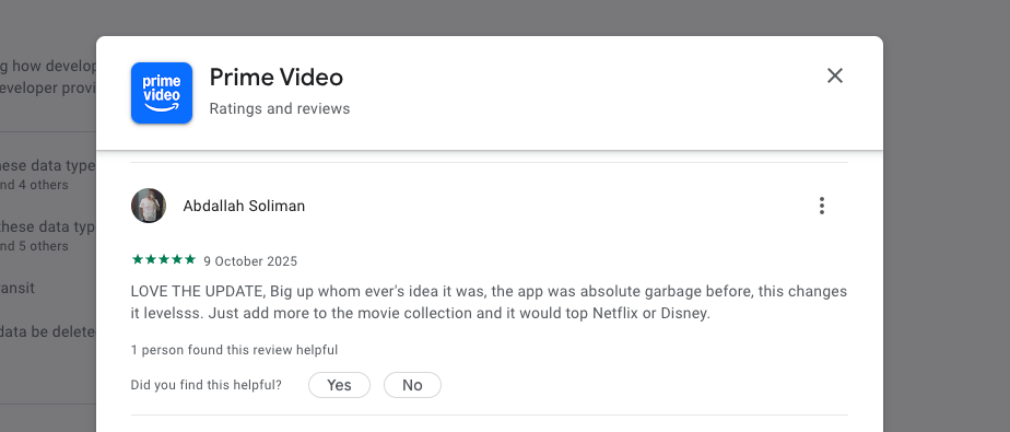 Prime Video 5-star review for mobile redesign